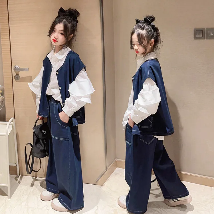 10 12 14 15 teenage Girls clothes suit spring childrens Denim vest+wide leg pants 2pcs kids girls clothing set children outfit