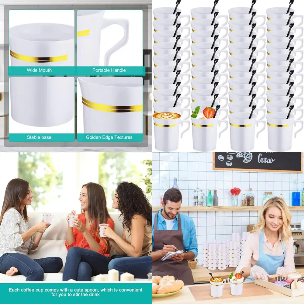

100-Pack Reusable 8oz White Plastic Coffee Cups with Handle, Spoon, and Gold Rim for Espresso, Tea, and Desserts