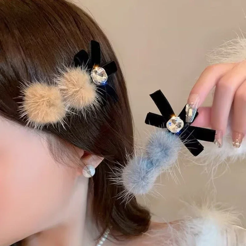 FANYIN Autumn/Winter Plush Bow Hair Clips for Women Sweet Girl Exquisite Diamond Headband Duckbill Clip Fashion Hair Accessories