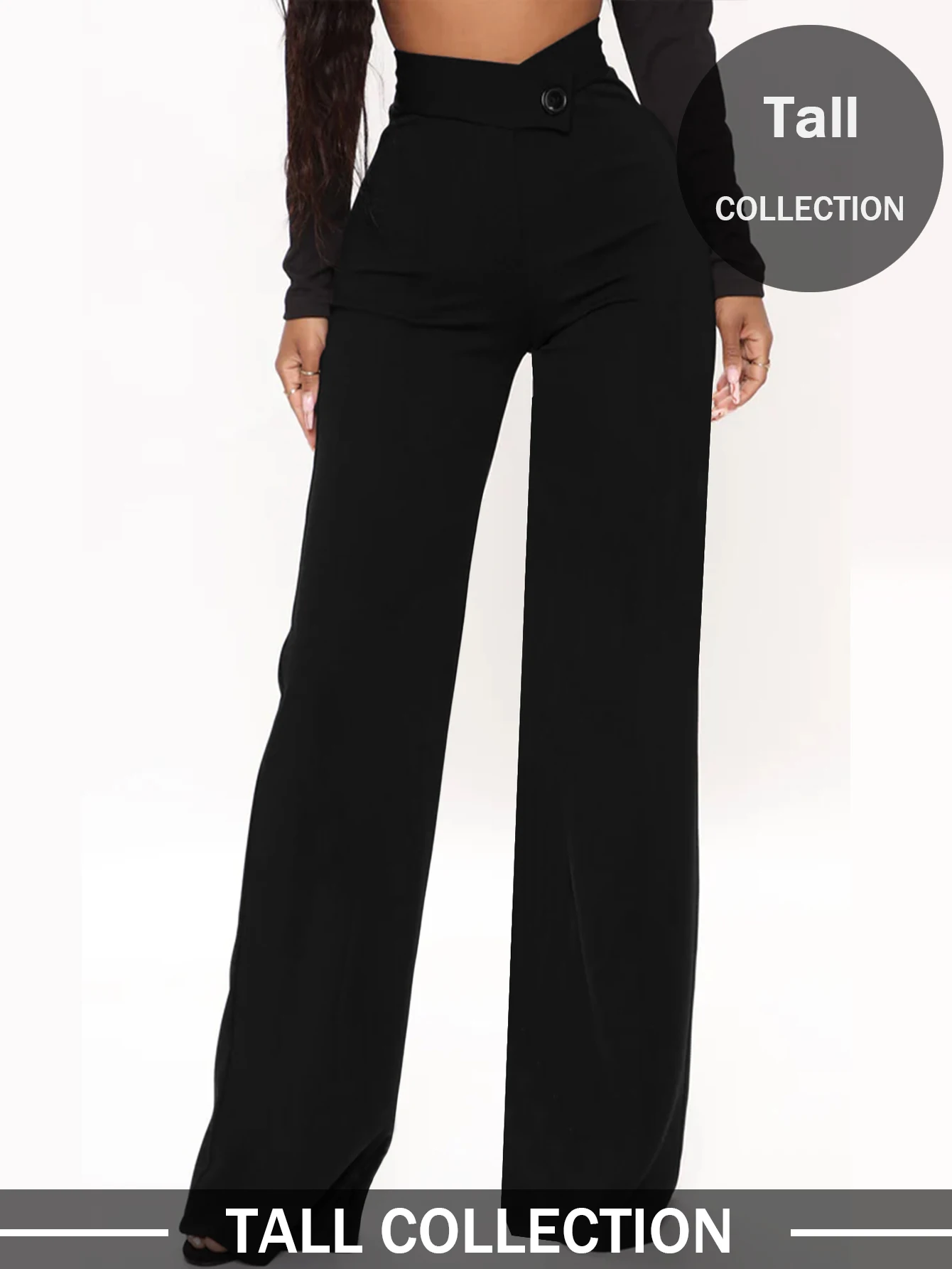 Women's pure black straight-leg pants asymmetrical V-shaped waistline that accentuates curves suitable for daily wear
