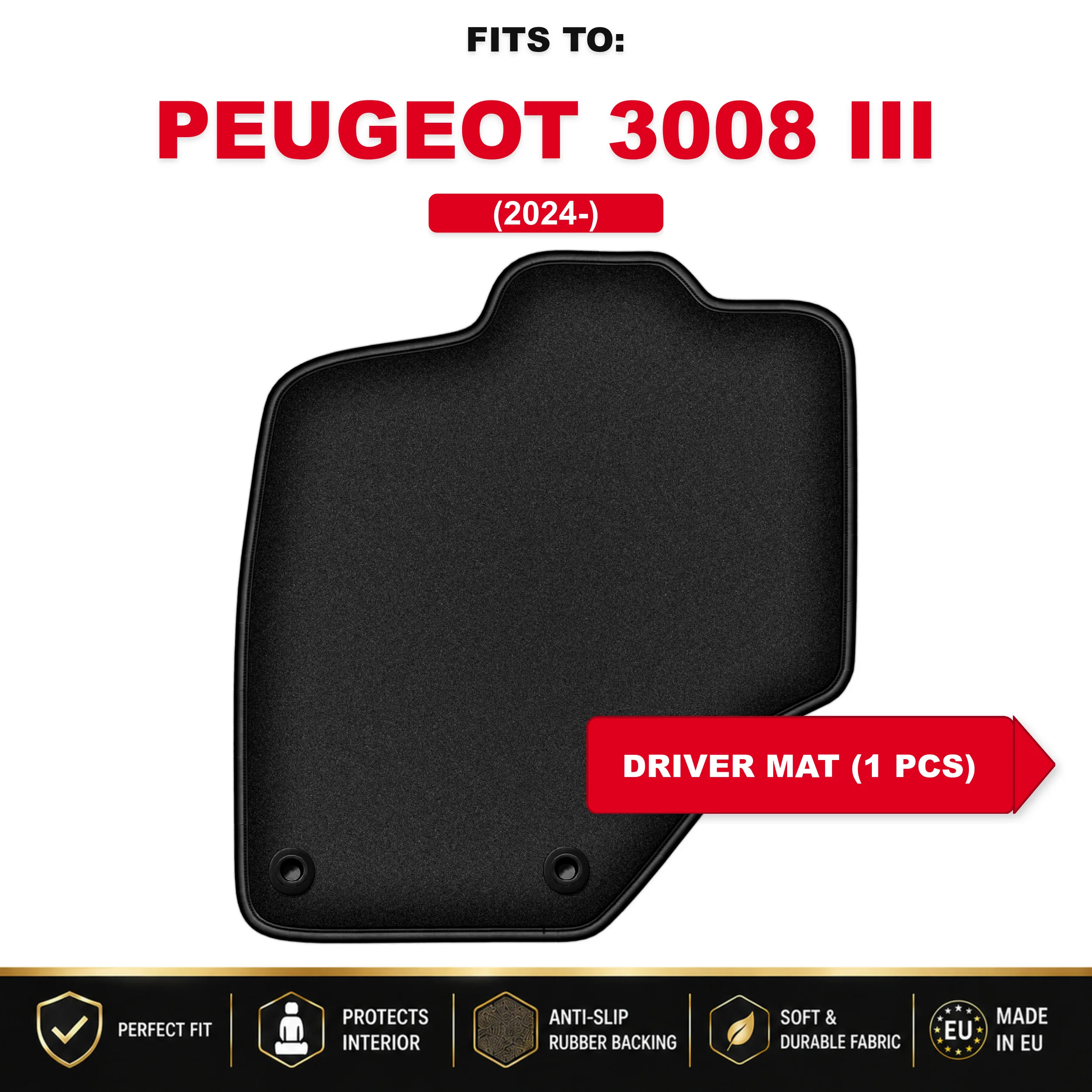 Zwarte velours bestuurdersmat voor: Peugeot 3008 III 2024- PHEV autovloermat 1 stuk onder de bestuurdersbenen, passend