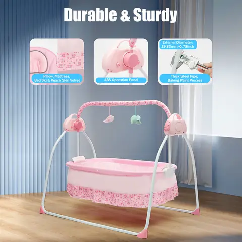 Cuna eléctrica para cuna de bebé, cama para bebé de 0 a 18 meses, capacidad de 25 kg/55 libras, columpio plegable para cuna de bebé para el hogar/viajes (rosa)