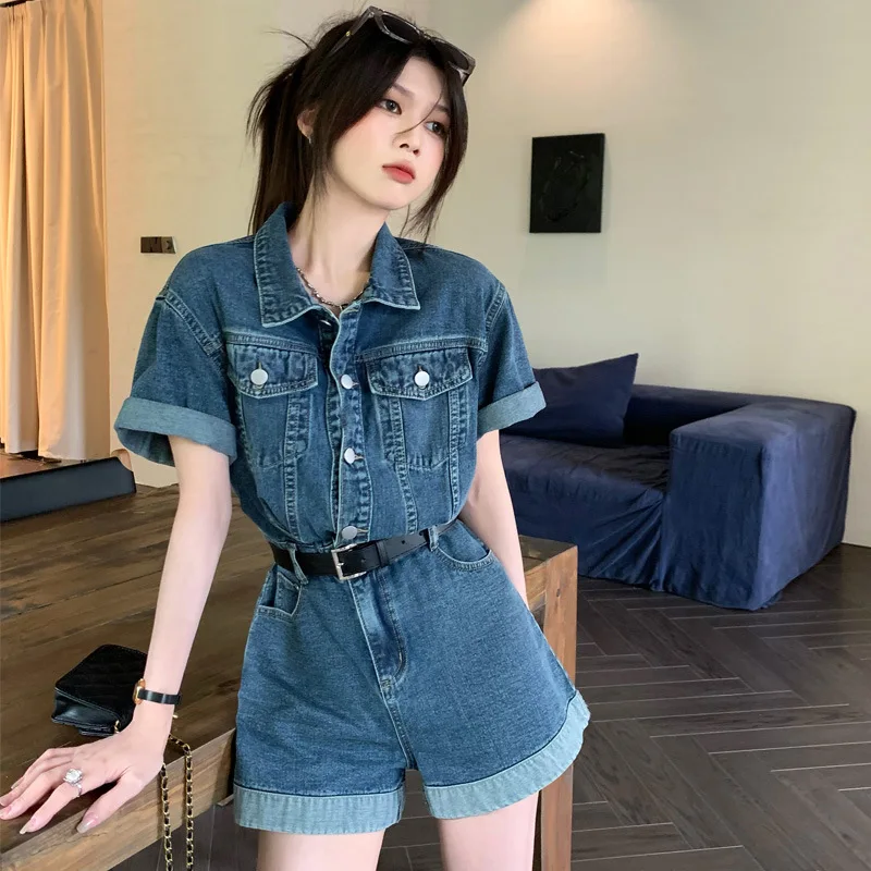 Summer New Style Workwear Denim Jumpsuit Shorts for Women with A Cinched Waist for Slimming Effect Rolled Edge Wide Leg Pants