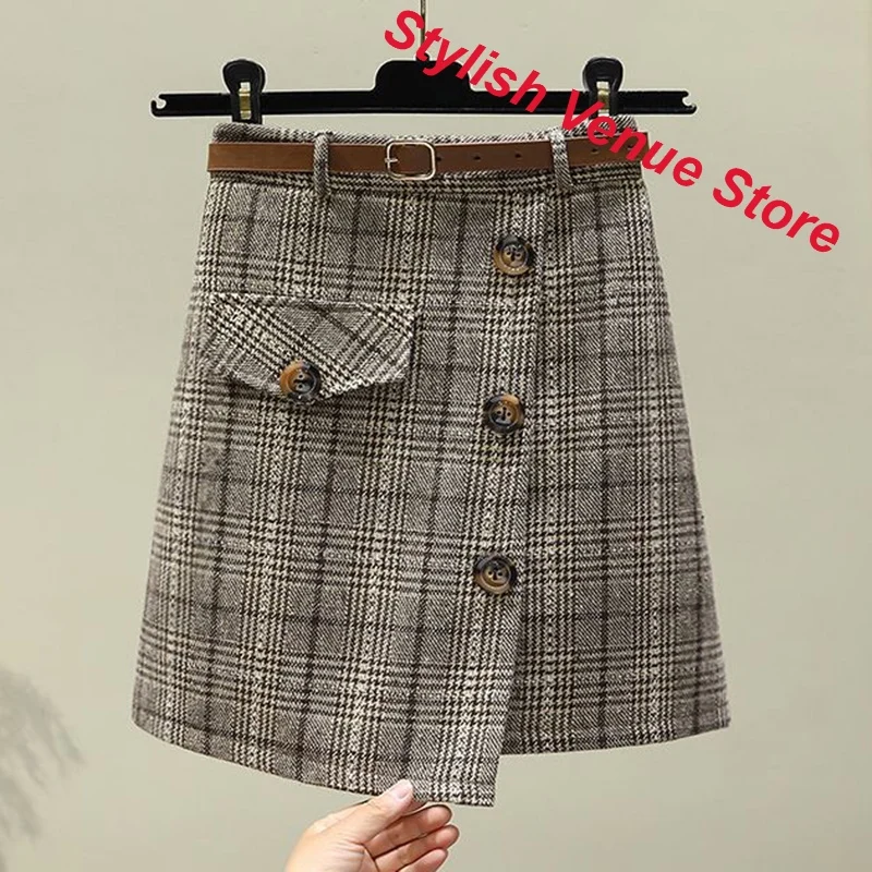 Korean Version of Woolen Plaid Skirt Women's Autumn and Winter Fashion Breasted Temperament Irregular High Waist A-shaped Skirt.
