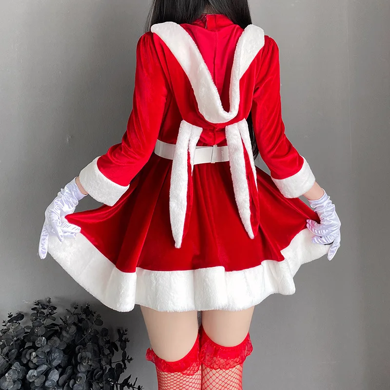 Women Christmas Cosplay Velvet Dress with Belt V-Neck Kawaii Sweet Maid Waitres Bunny Uniform Xmas Party Costumes