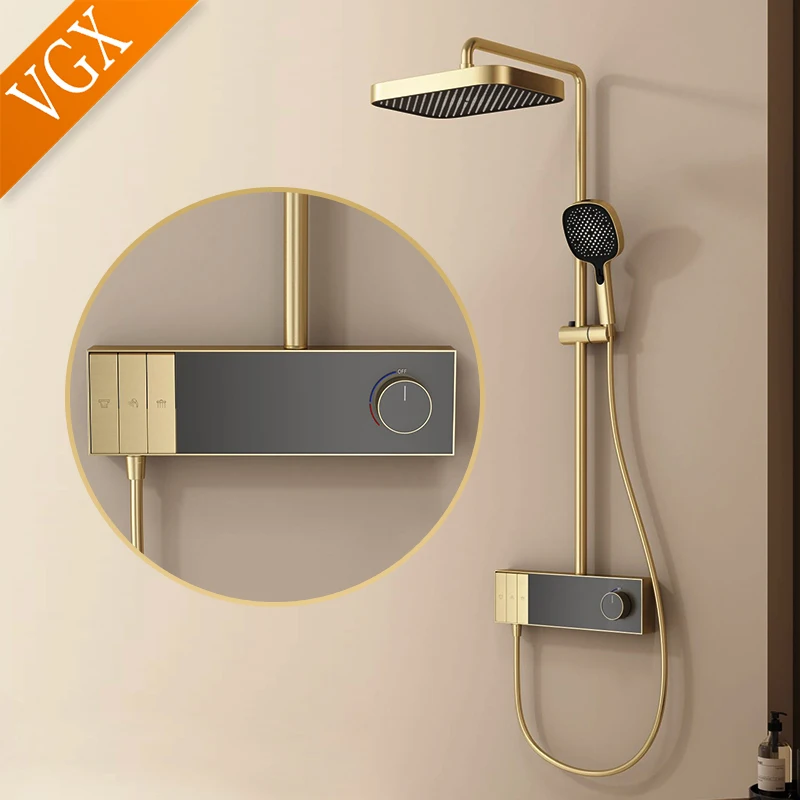 VGX Luxury Gold Bathroom Shower System Set Brass Shower Faucet Set Rainfall Shower Head Set White Shower Mixer Set Chrome Shower