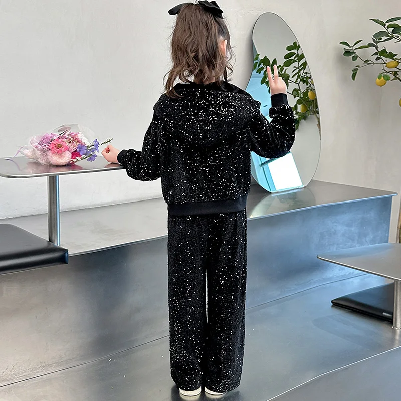 spring childrens girls clothes sets Sequin Zipper Hoodies Sweatpants 2pcs Teen Kids Tracksuit Dance Casual Sport Clothing outfit