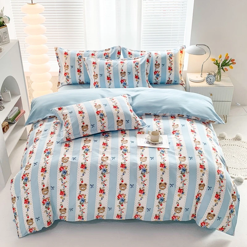 Cartoon Bear Duvet Cover Set, Red Plant Flower Comforter Cover, Students Childrens Adults Blue Bedding with Bed Sheet Pillowcase