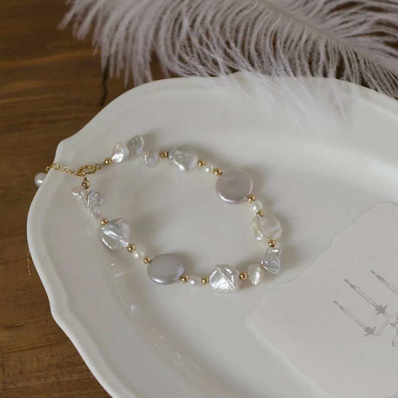 

Natural Irregular Button Fragment Silver Petal Baroque Freshwater Pearl Bracelet Women