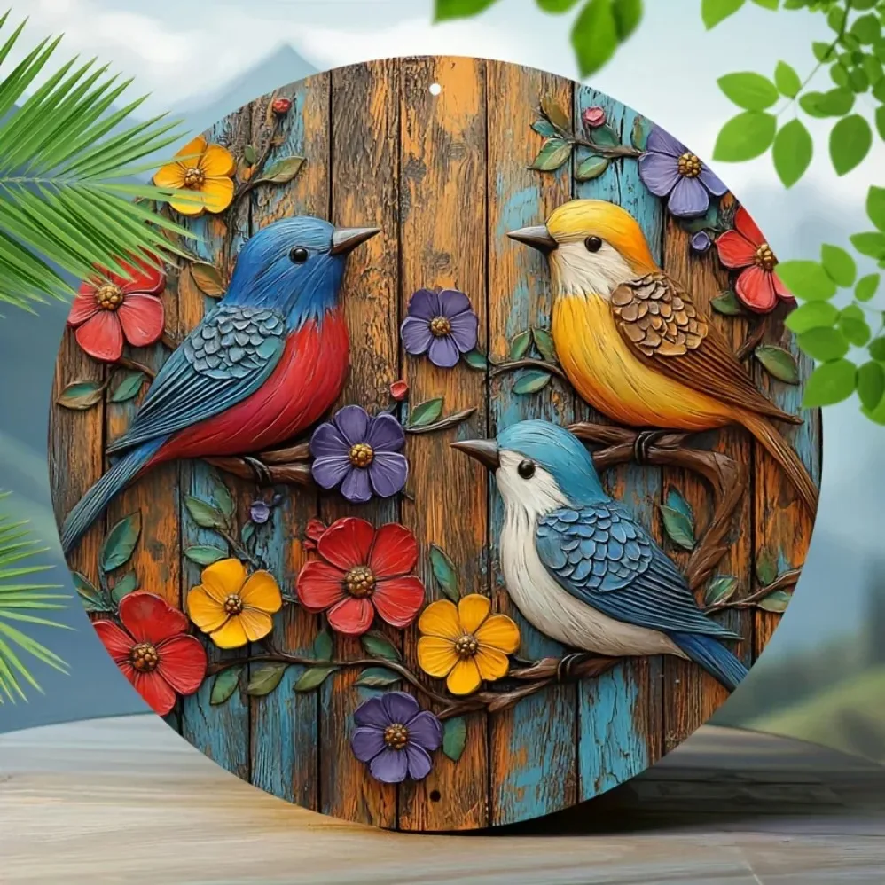 Rundes Vintage-Blechschild mit 3 Vögeln – 20,3 x 20,3 cm großes, buntes Blumen- und Vogel-Aluminium-Wandbild |   Langlebige Heimdekoration