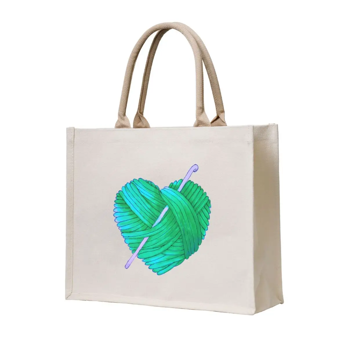 

Cute Heart Ball of Yarn and Crochet Hook in Teal Green Blue Tote Bag Canvas shopper bag women canvas tote bags men handbag