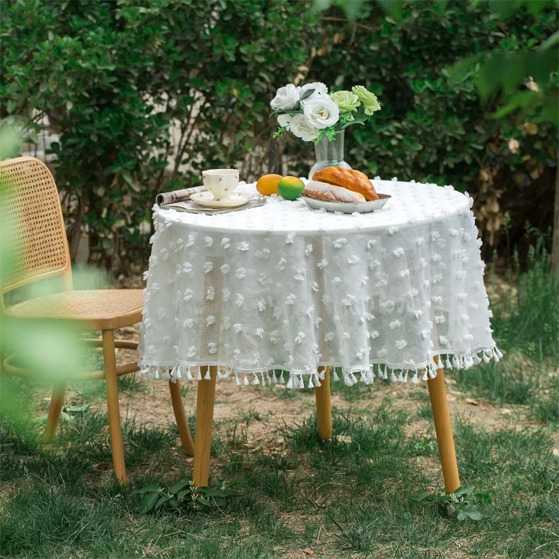 

Table Cloth Round White Pom-pom with Tassel Tablecloth for Coffee Table Anti-stain Modern Style Diameter 150cm Table Cover