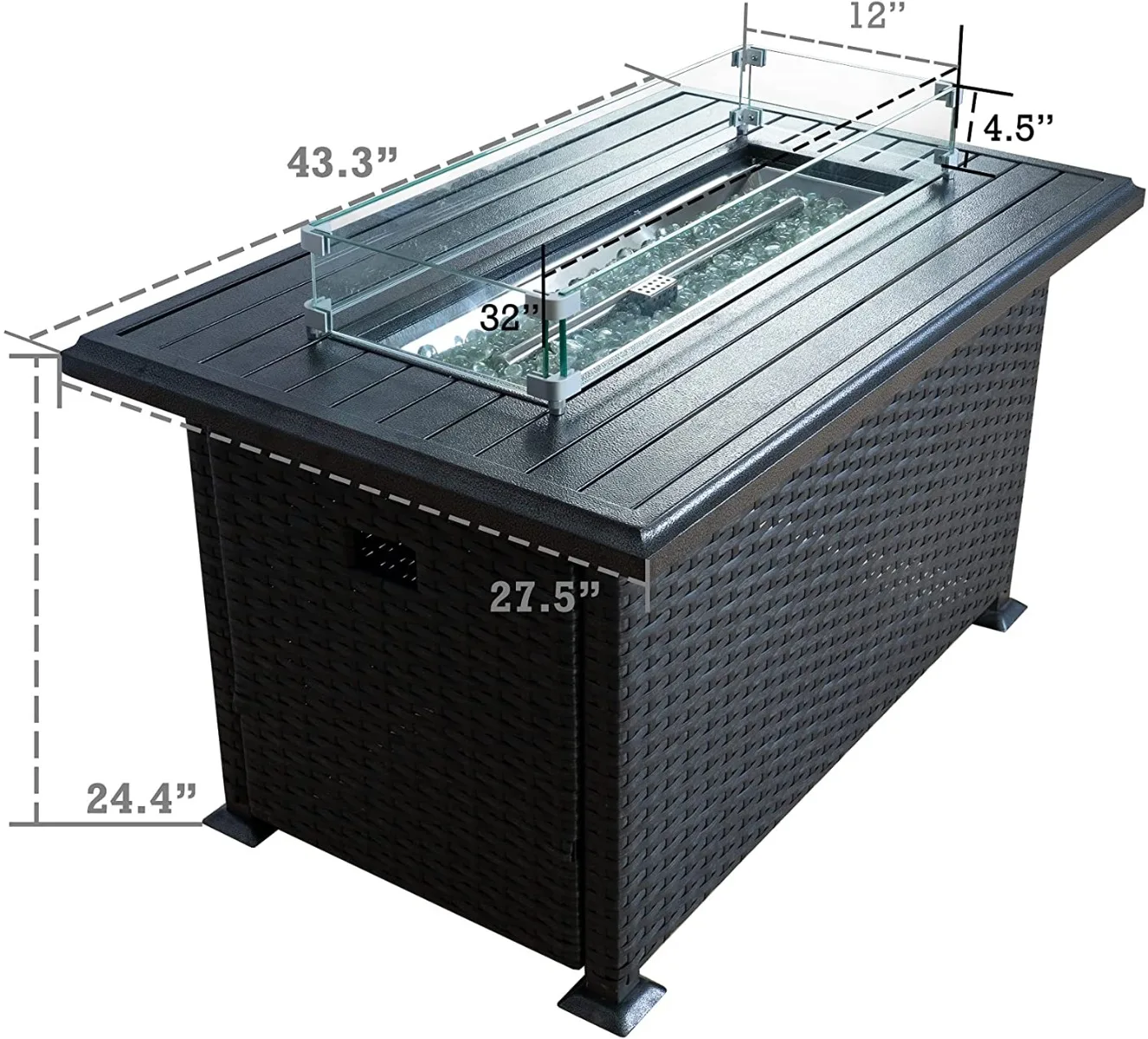 Outdoor Wicker Terrace Propane Gas Fire Pit Table with Aluminum Table Top Clear Glass Windproof Chute Stand Cover