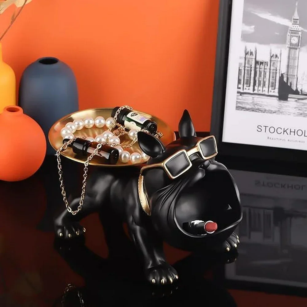 Decoración de Bulldog francés con bandeja, estatua de perro de boca grande, caja de almacenamiento, escultura de resina Animal, regalo artístico de