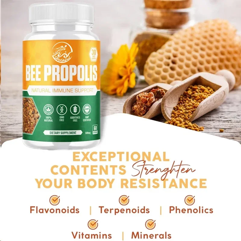 Propolis Extract Capsules, Natural Immune Enhancer, Non GMO Gluten Free 500mg, Contains Bean Powder 60 Vegetarian Capsules