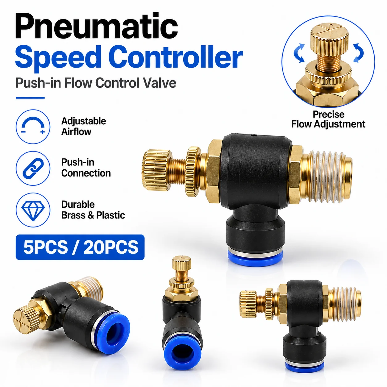 SL Pneumatic Air Flow Control Valve Push In Speed Controller Fitting 4 6 8 10mm Tube M5 PT1/8 PT1/4 PT3/8 PT1/2 5/20PCS