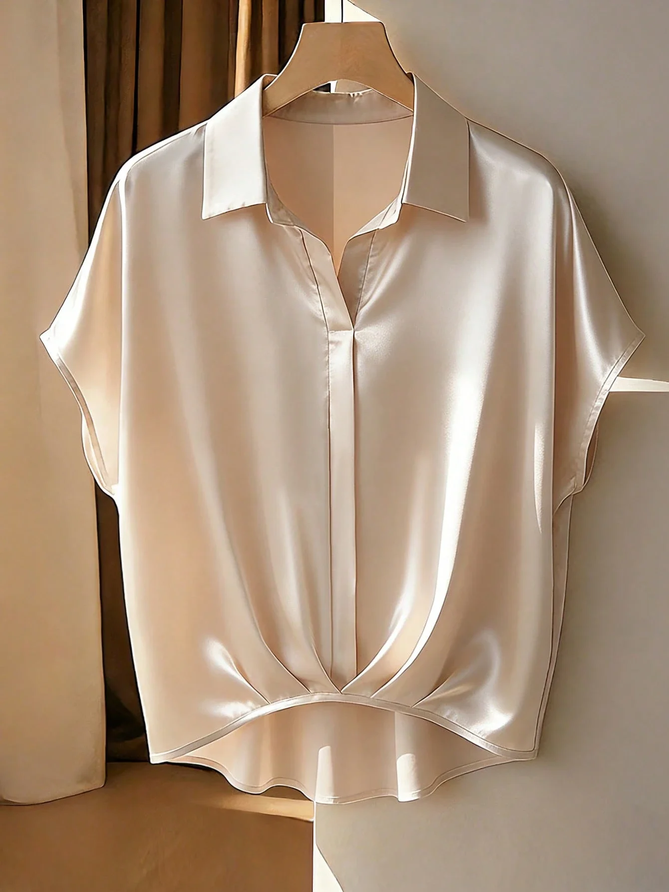 

Elegant Batwing Short Sleeve Solid Satin Blouse For Women