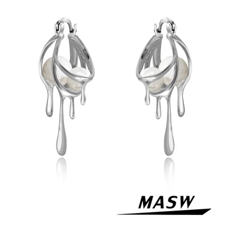 MASW Original Design Luxury Temperament Glass Pearl Teardrop Dangle Earrings For Women Girl Party Wedding Gift Modern Jewelry