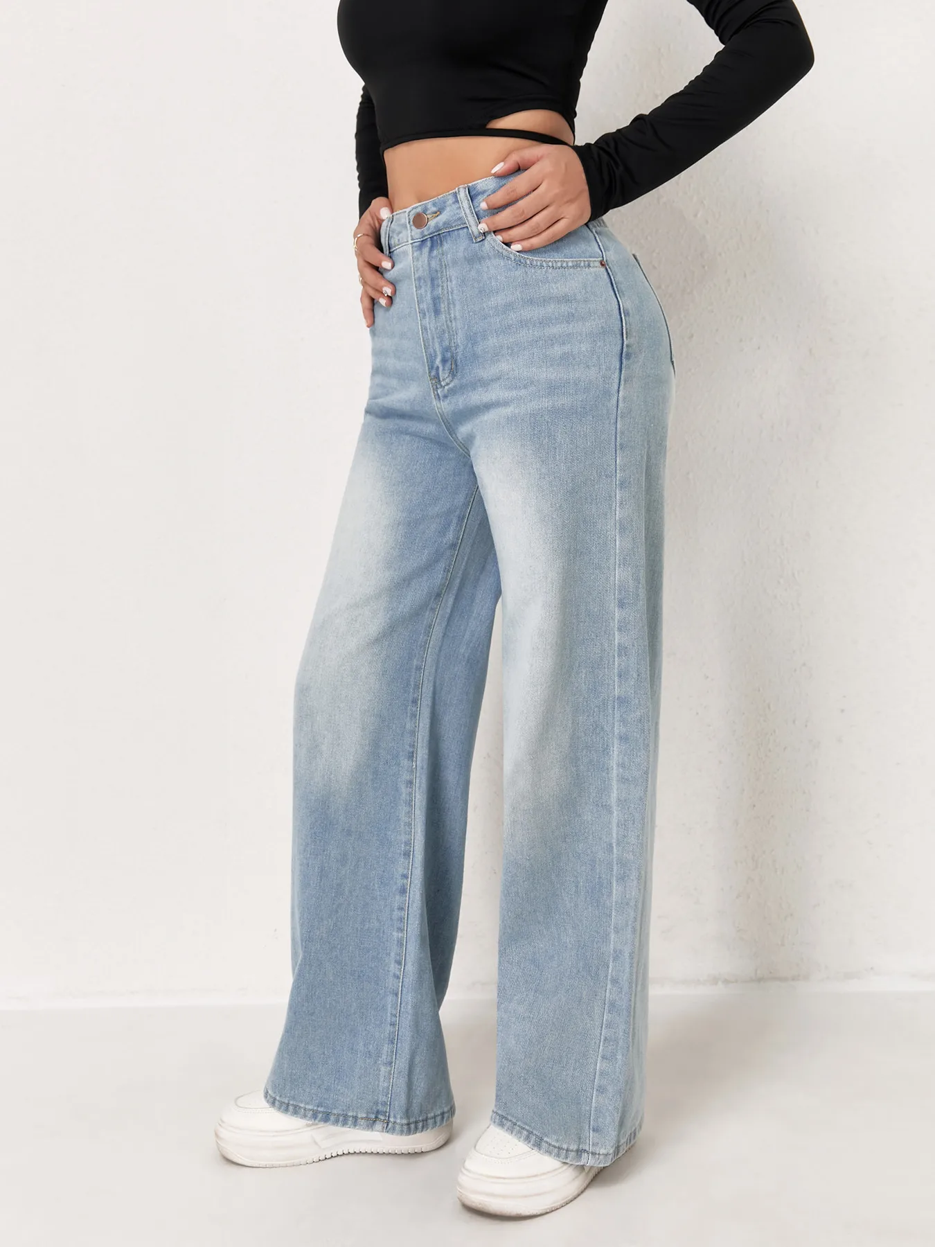 Women Light Blue Wash High Waist Wide Leg Basic Daily Casual Trendy Loose Jeans Pants American European Fashion Bottom Clothes