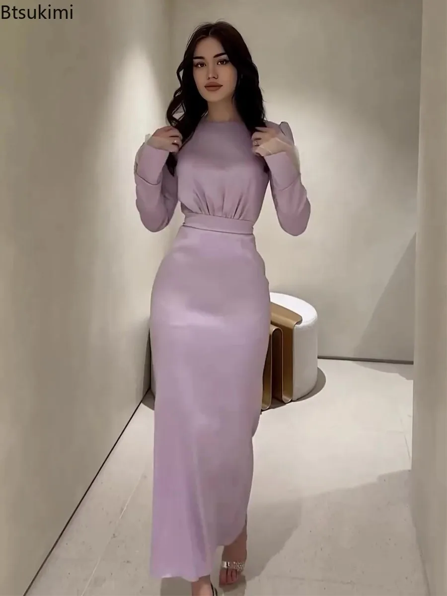 

Eid Muslim Modest Maxi Dresses for Women Party Gown Morocco Satin Slim Pleated Robe Ramadan Lace-up Kaftan Dubai Arabic Vestidos