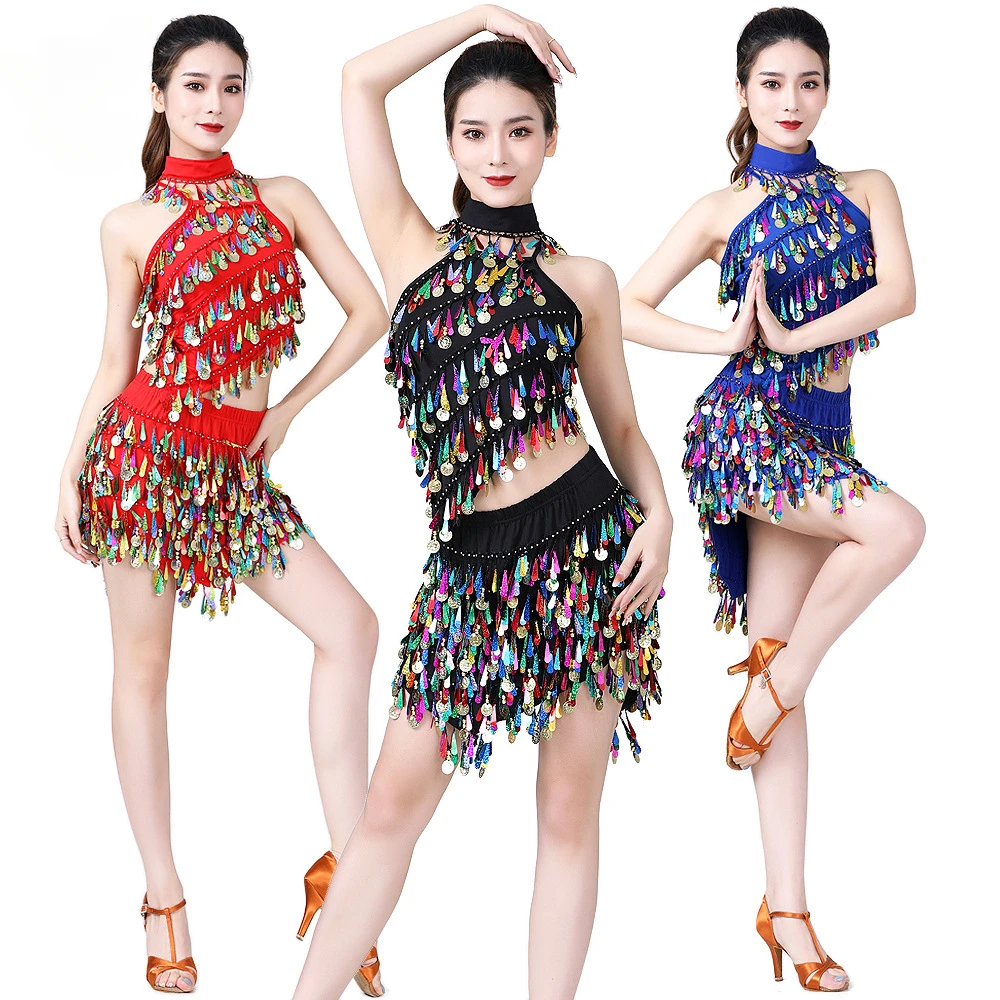 

Sequin tassel split body performance set Latin belly dance performance costume tassel skirt suit