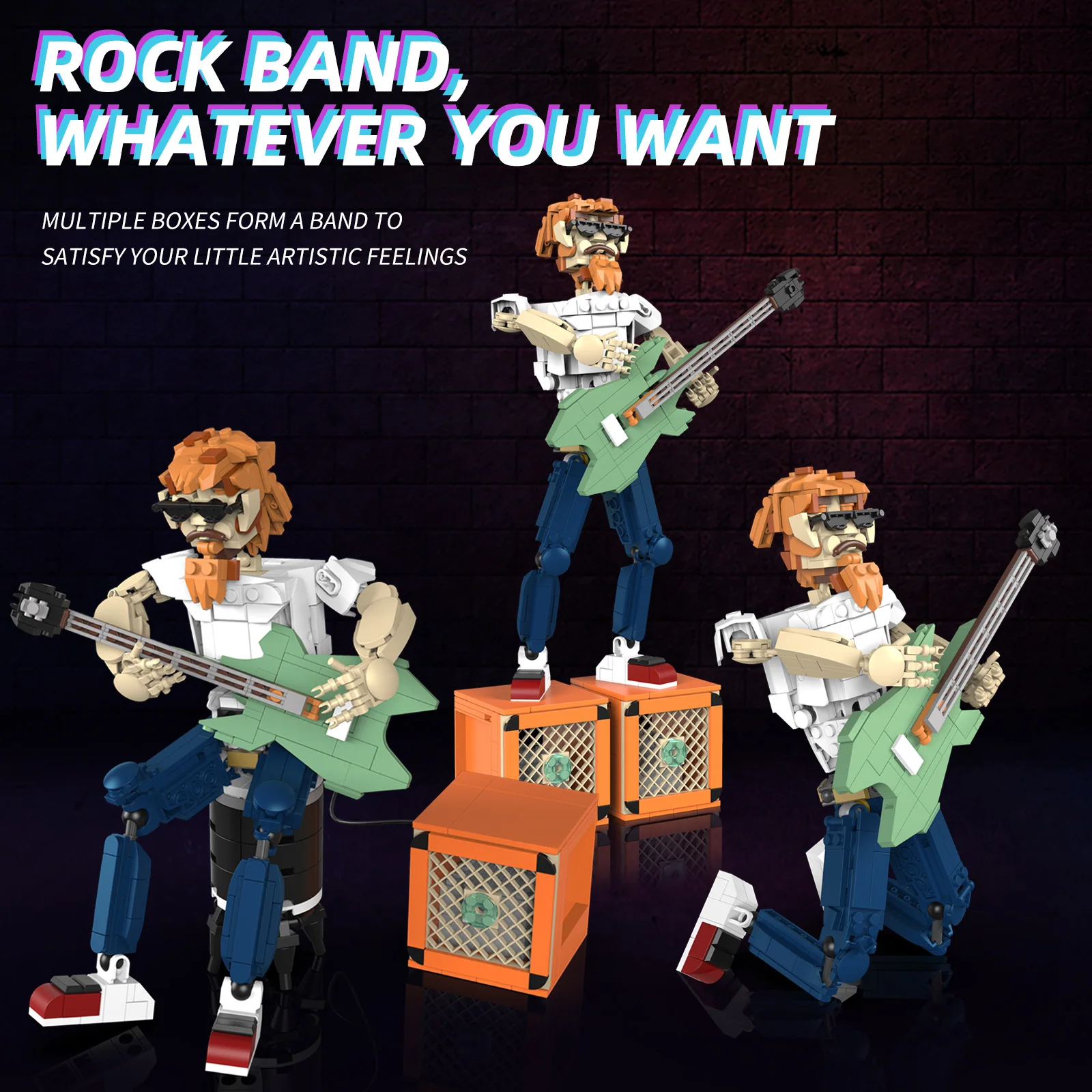 721Pcs Rock Guitar Man Building Blocks, Technical Bricks with Bluetooth Audio Music Playback, Festival Gift for Adults