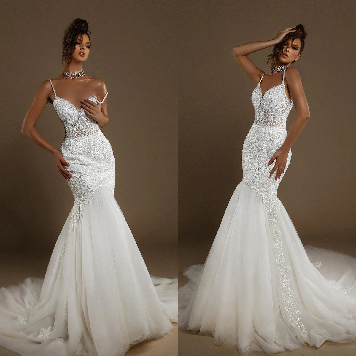 Luxury Mermaid Wedding Dresses Sexy Spaghetti Straps Appliques Lace Bridal Gowns Custom Made Backless Sweep Train Robes