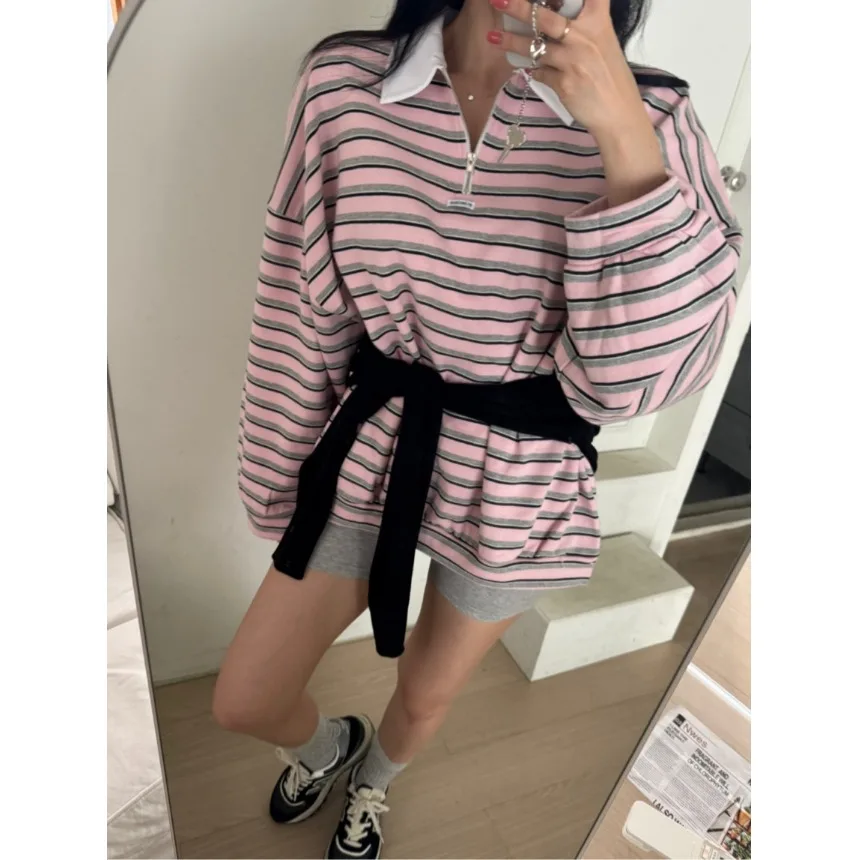 

Casual Loose Long Sleeve Striped Shirt Vintage Hong Kong Style Autumn New Arrival Women's Knitwear Suitable for Various Occas...