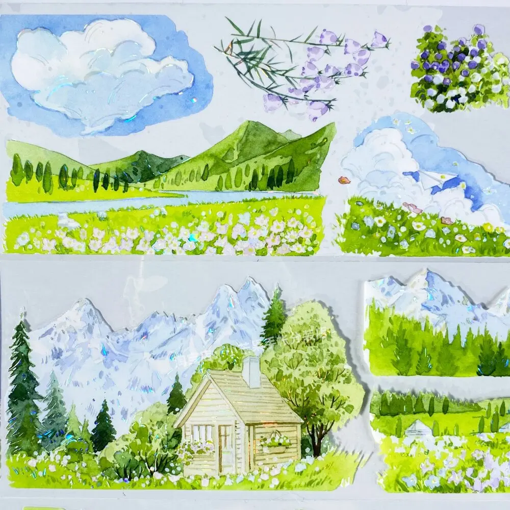 

pet tape OKMT Edge of Cloud Pasture Plateau Grassland Snow Mountain Cottage Decorative Stickers DIY Scrapbook Journal Decals