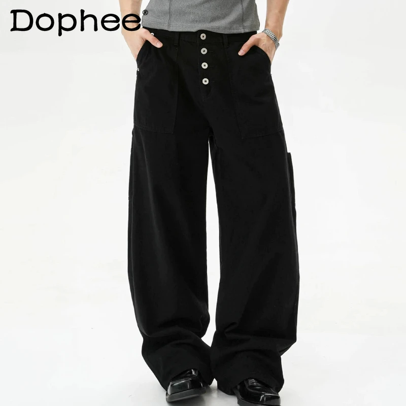 

Men's 2026 Summer New Chic Multi-pocket Wide-leg Tooling Jeans Male Simple Button Design Denim Trousers Solid Color Denim Pants