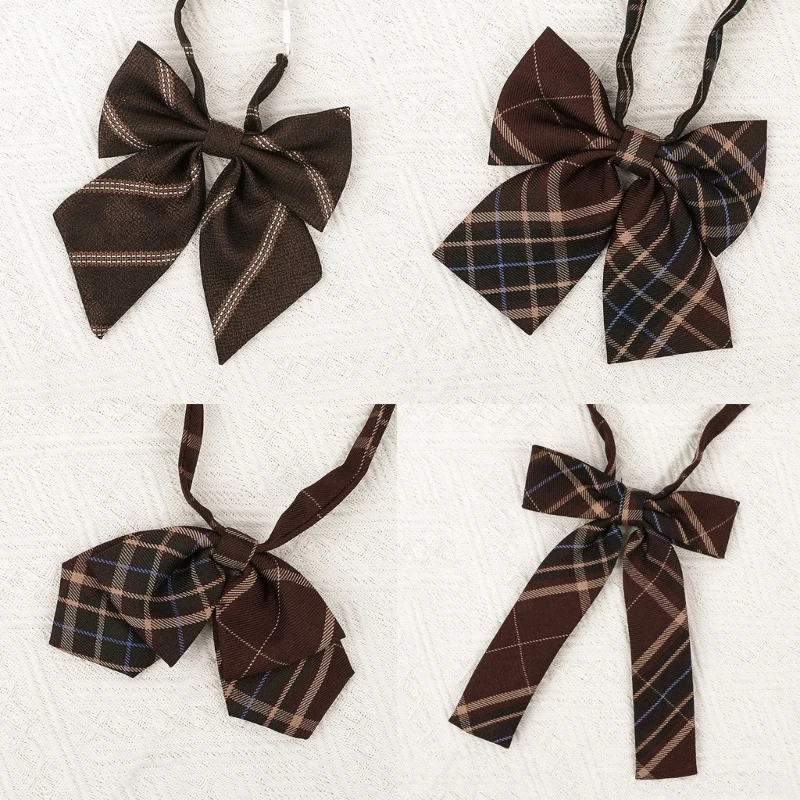 Brown Checkered Striped Pre-Tied Neck Tie Japanese College JK Uniform Bowtie