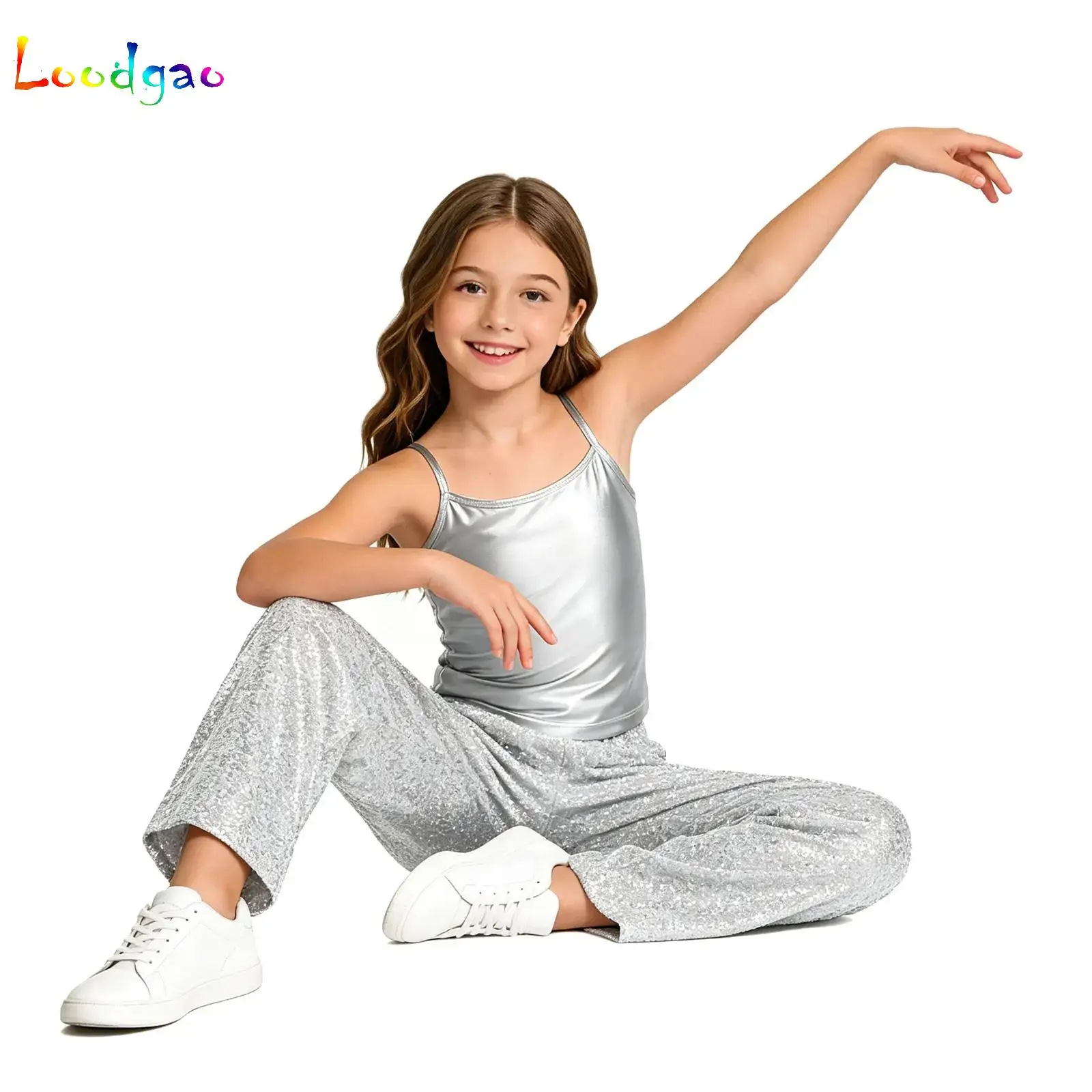 Kids Girls Metallic Dance Party Performance Costume Disco Outfit Spaghetti Straps Vest+ Pants Jazz Modern Hip Hop Street Clothes
