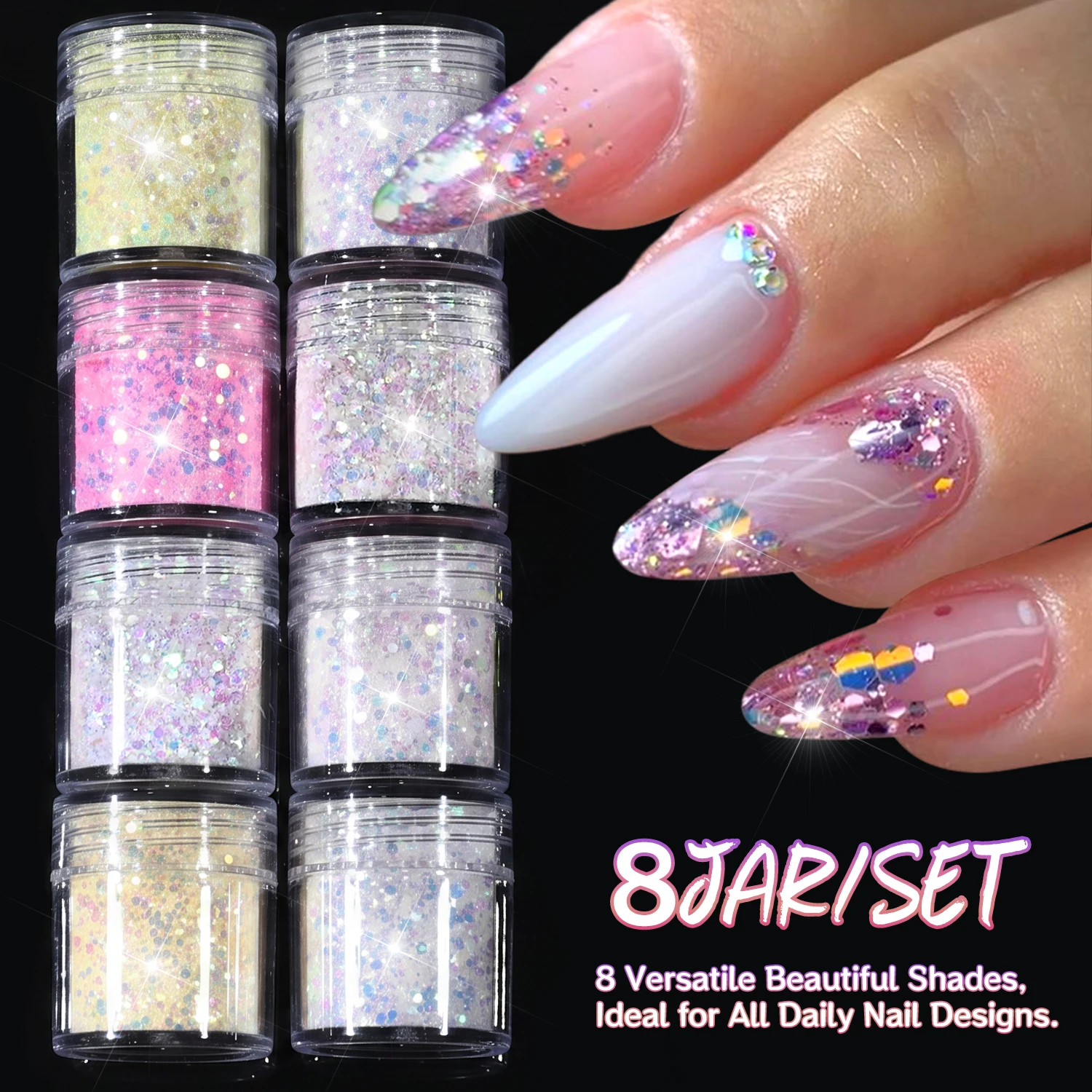 8Jars Iridescent Hexagon Nail Glitter Sequins Mixed Sizes Hex Nails Art Flakes Shimmer Fragments for DIY Manicure Decorations PA