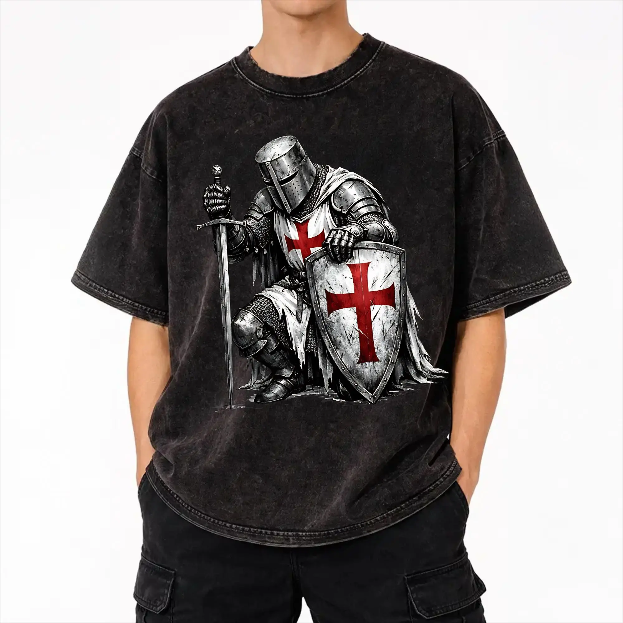 Deus Vult - The Templar Knight Washed T Shirt Streetwear Hip Hop Novelty T-Shirts  Tees Tops for Men Women Short Sleeve Oversize