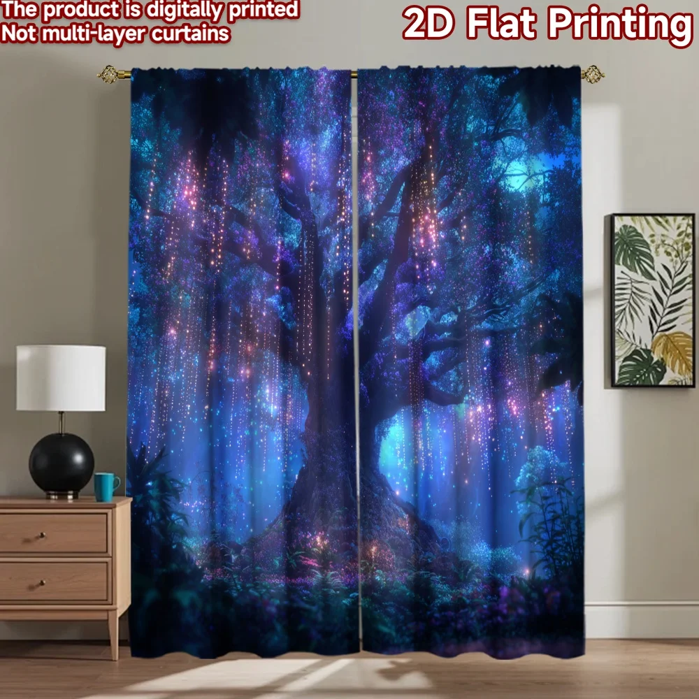 

2D flat printing 2pcs Party Window Curtains Enchanted Forest Glowing Bioluminescent Tree Digital Printed Polyester Drapes Family