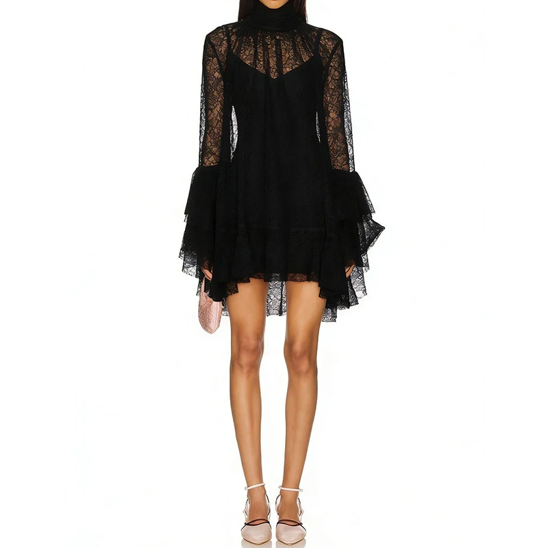 Summer Solid Color Long Sleeve Ruffles Dress Elegant Lady High Waist Party Mini Dress French Style Lace See-through Short Dress