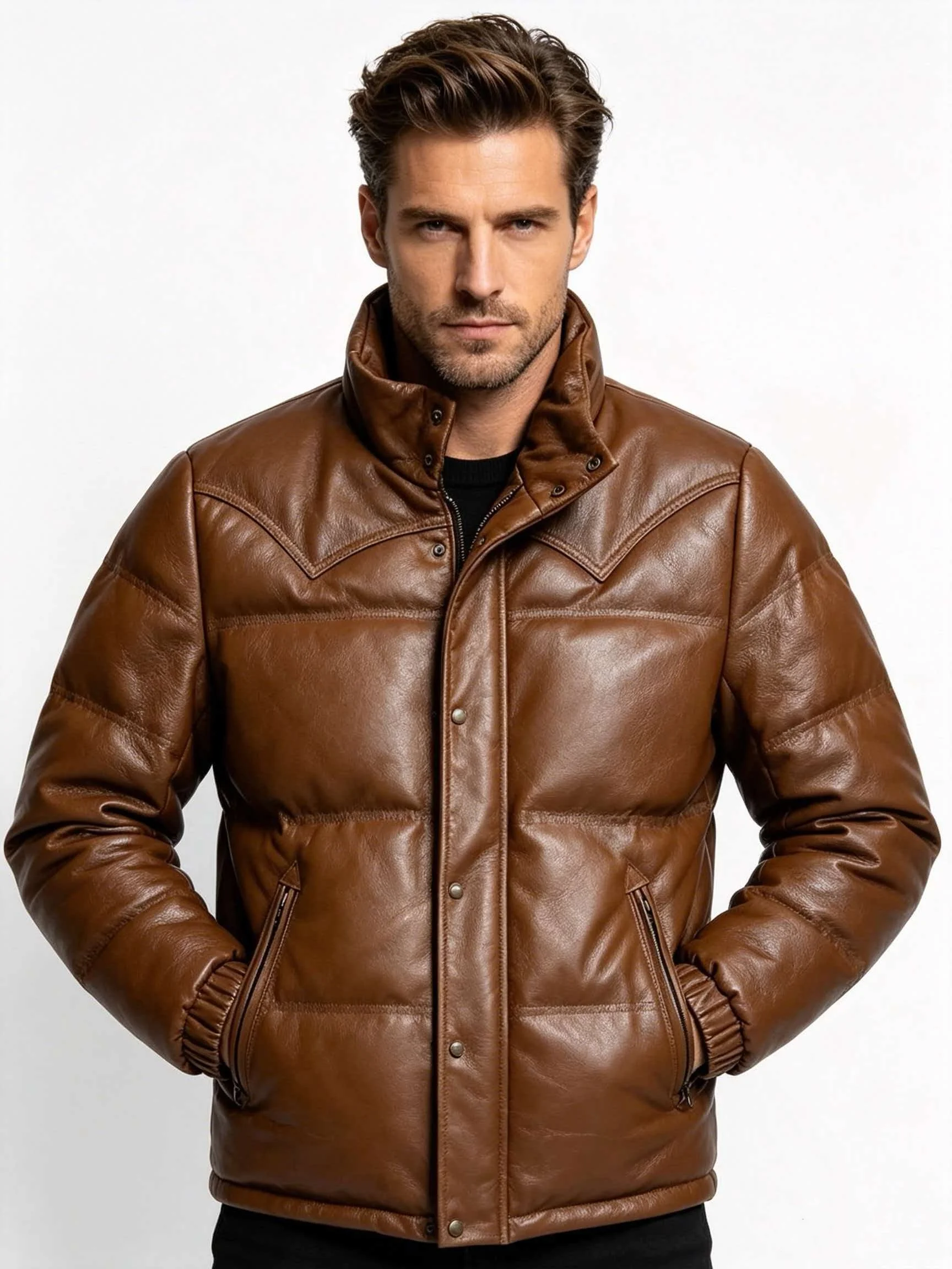 Brown Winter Leather Jacket Men Retro Style Plus Size 6XL Genuine Natural Sheepskin Stand Collar Thick Warm Casual Down Coat
