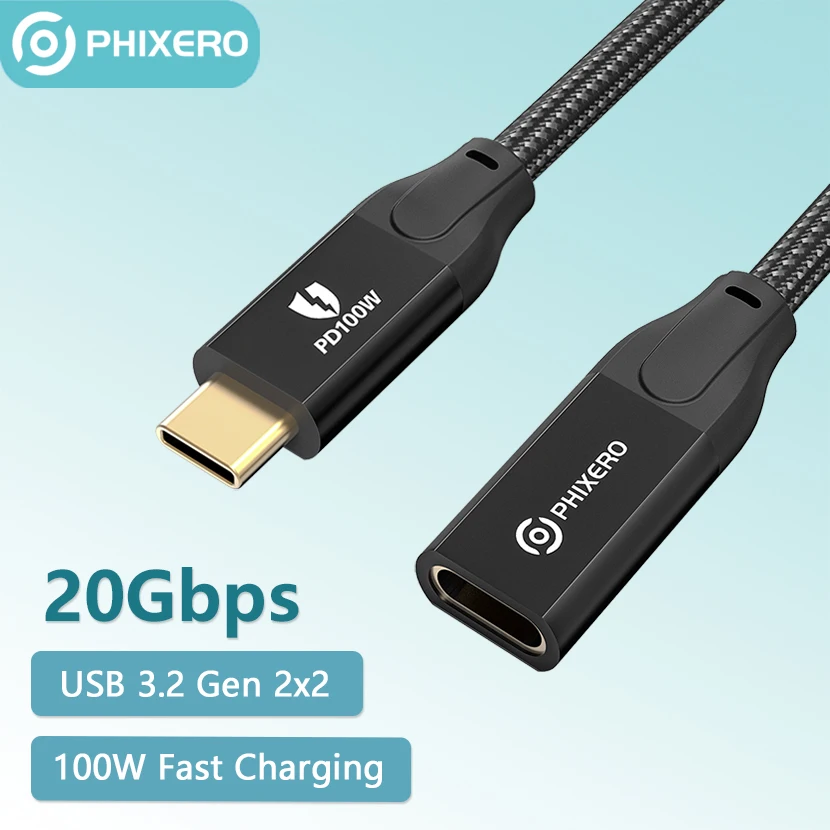 PHIXERO USB-C to USB-C Extension Cable Charging Wire Type C Extend Kabel 90 Degree Right Angle Male Female Extensor Charge Line