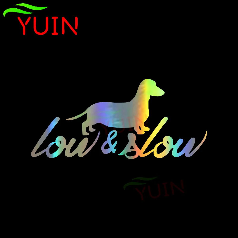 Funny LOW&SLOW Animal Personality Dachshund Animal Car Sticker PVC Body Window Decoration Waterproof Stickers Reflective Laser
