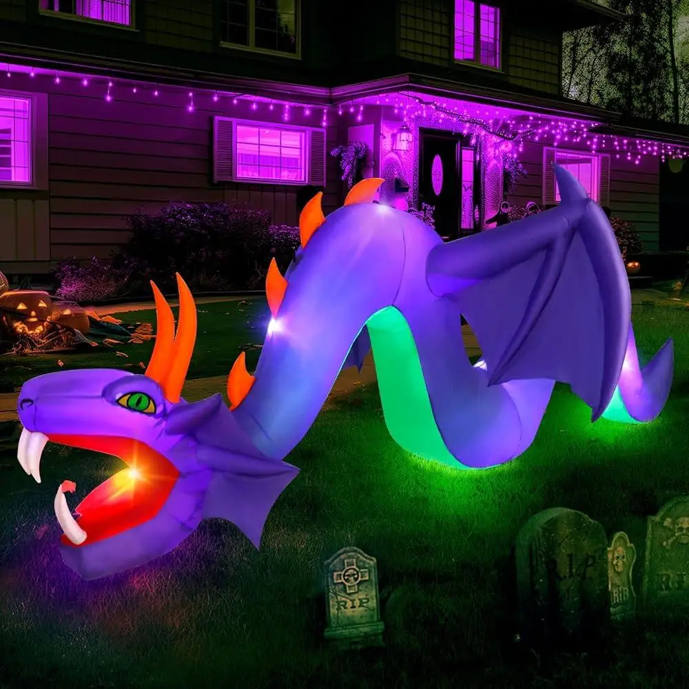 12ft Inflatable Dragon Halloween Decorations Outdoor Giant Purple Dragon with LED Lights Spooky Party Yard Decor Airblown
