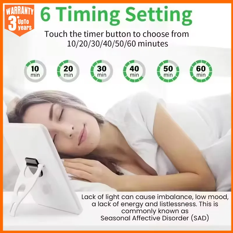 10000LUX Daylight Simulation Lamp with Flicker Feature SAD Light Therapy Lamp 3 Color Temperatures 6 Timers for Mood Improvement