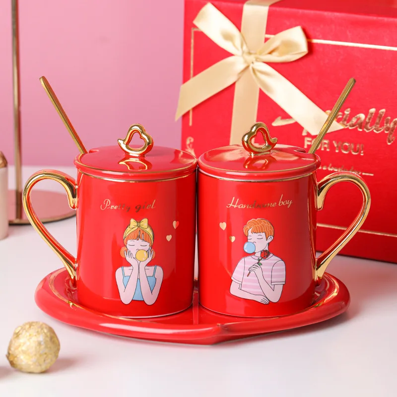 

A Pair Of Ceramic Coffee Mugs Set With Tray And Spoons For Wedding Engagement Or Couples Anniversary Valentines Christmas Gifts