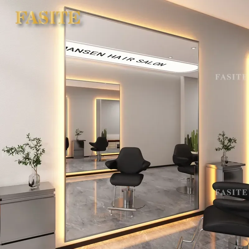 For Barber Shop Wall Mounted Intelligent LED Mirror Square Single Sided Hair Vanity Mirror with Light Modern Decor