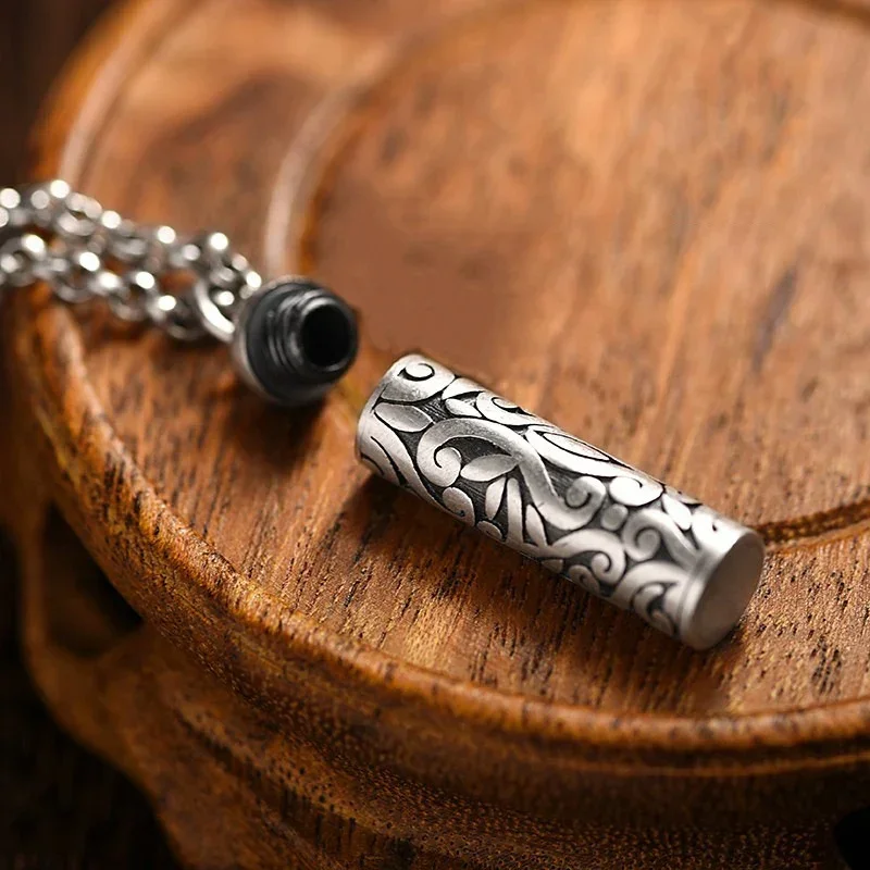 925 Silver Hollowed Out Pendant Can Be Opened Patterned Cylindrical Necklace for Men and Women's Vintage Ethnic Style Jewelry