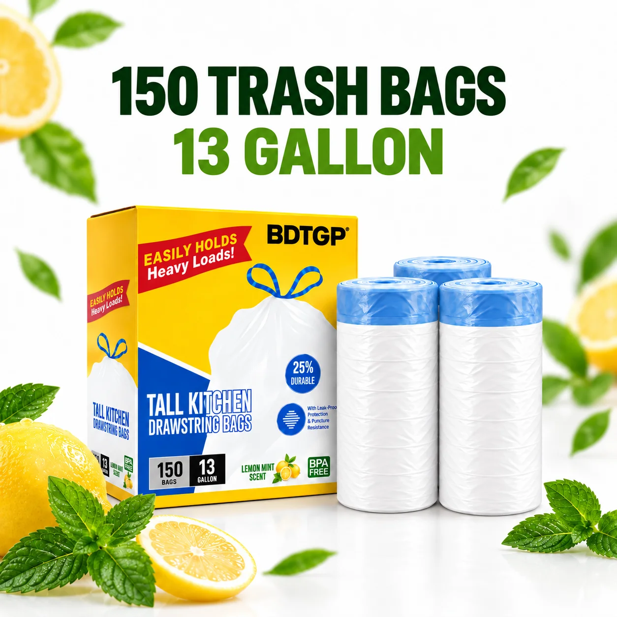 13-gallon trash can, includes 150 disposable tear-resistant trash bags, puncture-resistant tear trash bags, deodorizing technology, drawstring trash bags, fresh lemon mint scent, easy to use, more durable drawstring kitchen trash bags