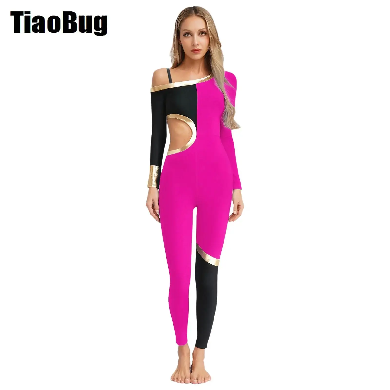 

Women Metallic Color Block Dance Jumpsuit One Shoulder Adjustable Spaghetti Strap Long Sleeve Waist Cut Out Design
