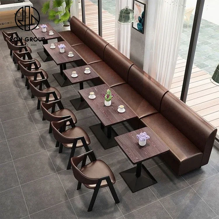 Coffee Shop Fast Food Square Commercial Cafe Leather Wood Restaurant Sofa Bench Furniture Booth Seating Table Top And Chair Set