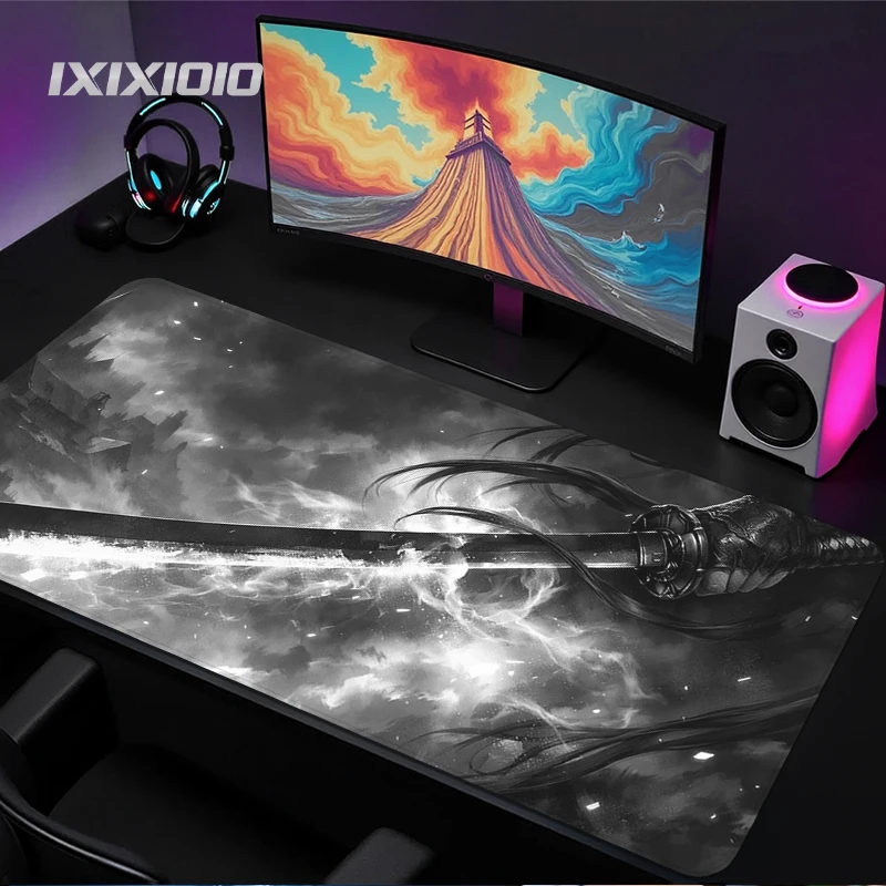 Black And White Katana Mouse Pad Gamer printon demand Large HD Mousepad XXL Carpet Soft Natural Rubber Computer Mouse Mats