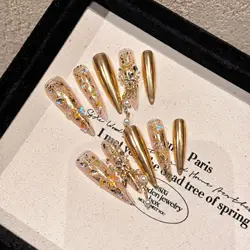 Handmade Press on Nails Golden Mirror Long Pointed Fake Nail Tips for Women Wearable Detachable Gold Foil Fashion False Nails