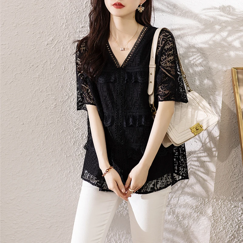 Women Fashion Sexy Hollow Lace Ruffle Irregular Black Oversized T-shirt 2024 Summer Female Casual V Neck Short Sleeve Tunic Tops